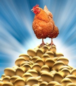 Chicken laying golden eggs --- Image by © Mike Agliolo/Corbis